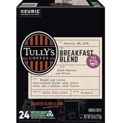 Tully's Breakfast Blend Extra Bold Coffee, Keurig K-Cup Pod, Light Roast, 96/Carton (192719CT)