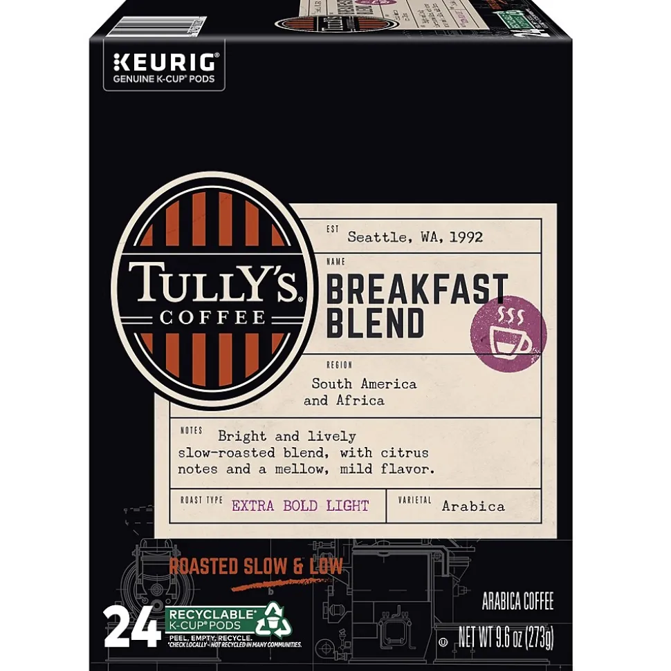 Tully's Breakfast Blend Extra Bold Coffee, Keurig K-Cup Pod, Light Roast, 96/Carton (192719CT)