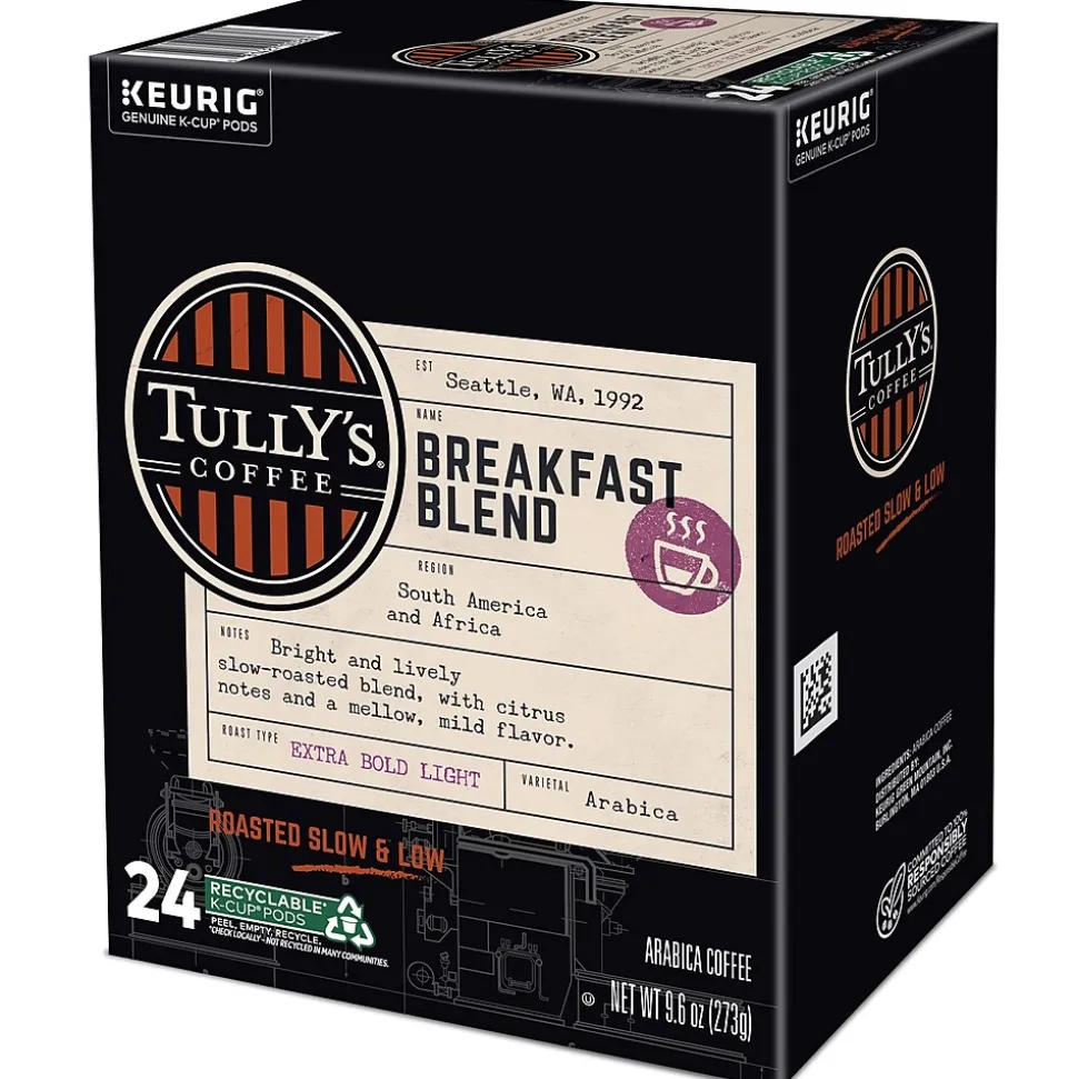 Tully's Breakfast Blend Extra Bold Coffee, Keurig K-Cup Pod, Light Roast, 96/Carton (192719CT)