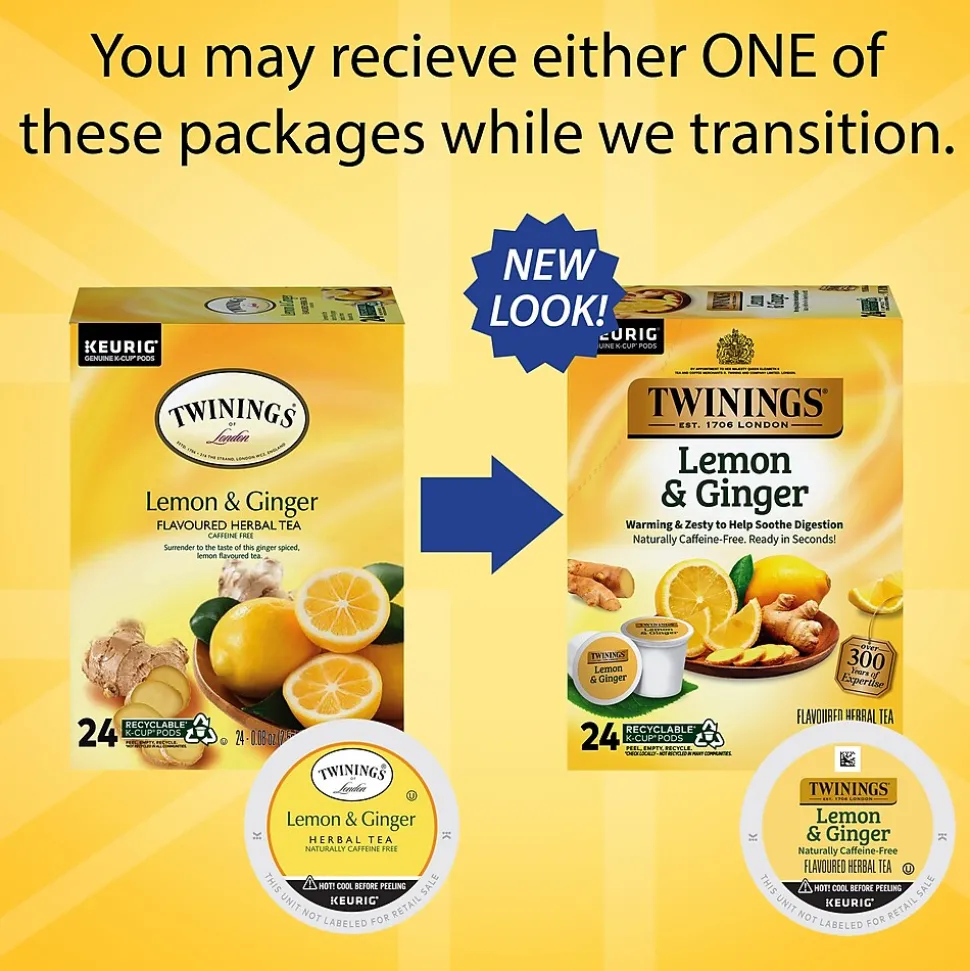 Twinings Lemon & Ginger Herbal Tea, Keurig® K-Cup® Pods, 24/Box (TNA89556)