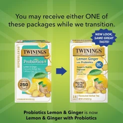 Twinings Probiotics Lemon and Ginger Herbal Tea Bags, 18/Box (F16483)