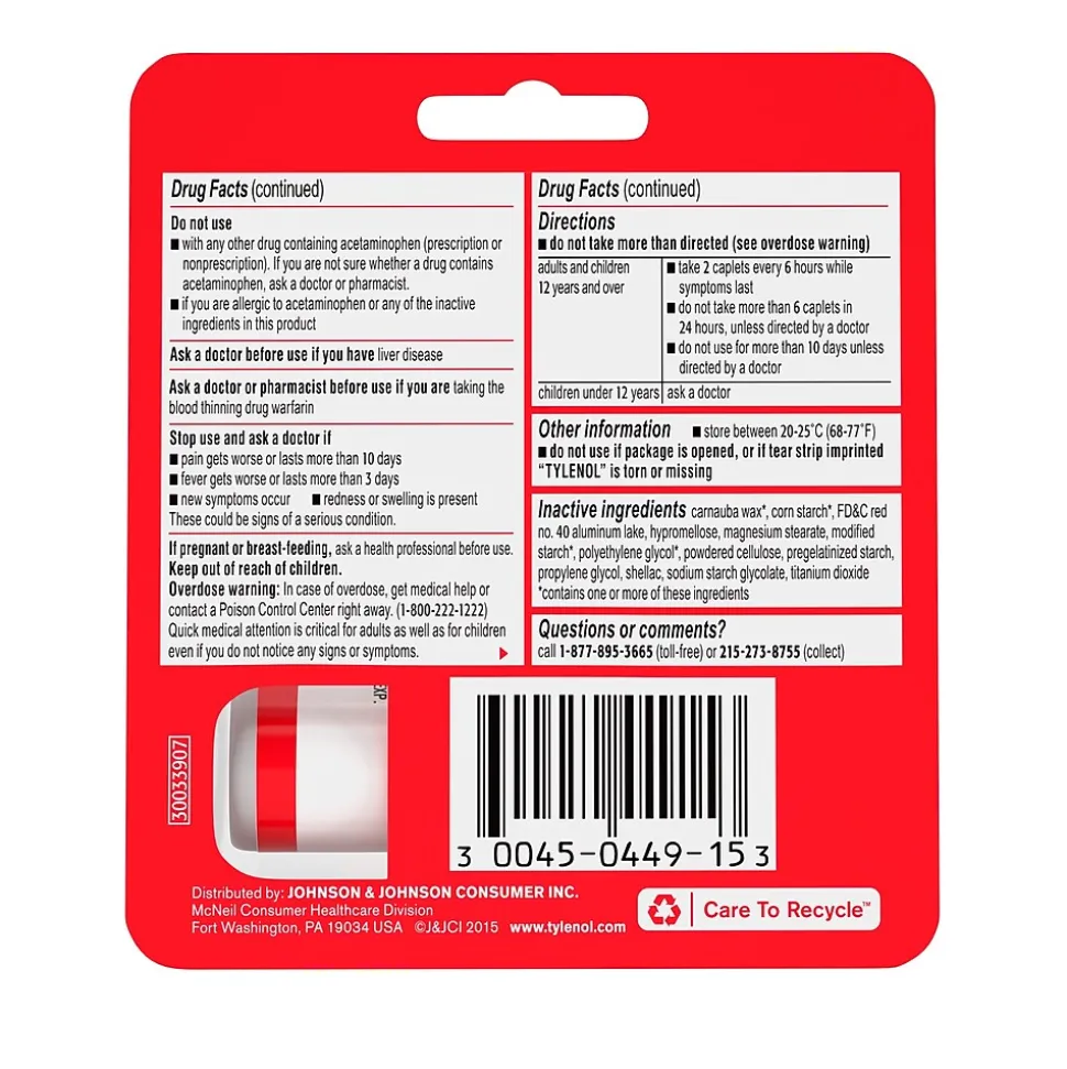 Tylenol Extra Strength Caplets, Fever Reducer and Pain Reliever, 500 mg, 10 Count (703662)