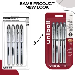 uni-ball Vision Elite Rollerball Pen, Bold Point, 0.8mm, Black Ink, 4/Pack (67180)