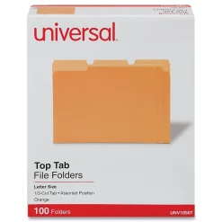 Universal Colored File Folders, 1/3 Cut One-Ply Tab, Letter, Orange, 100/Box