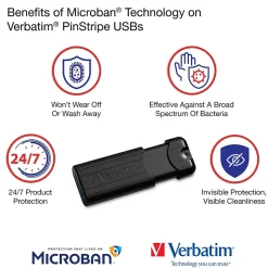 Verbatim PinStripe 32GB USB 3.2 Type A Flash Drive, Black (49317)