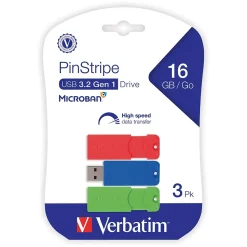 Verbatim PinStripe 16GB USB 3.2 Type A Flash Drive, Assorted Colors, 3/Pack (70386)