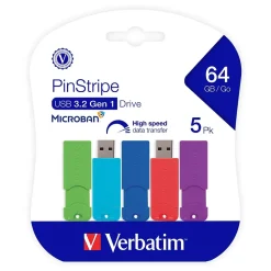 Verbatim PinStripe 64GB USB 3.2 Type-A Flash Drive, Assorted Colors, 5/Pack (70389)