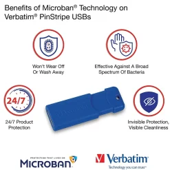 Verbatim PinStripe 128GB USB 3.2 Type-A Flash Drive, Red/Green/Blue, 3/Pack (70390)