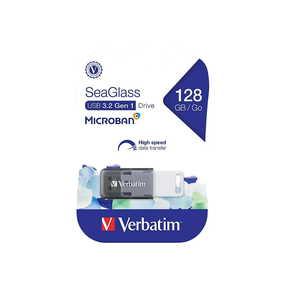 Verbatim SeaGlass 128GB USB 3.2 Type A Flash Drive, Gray (70909)