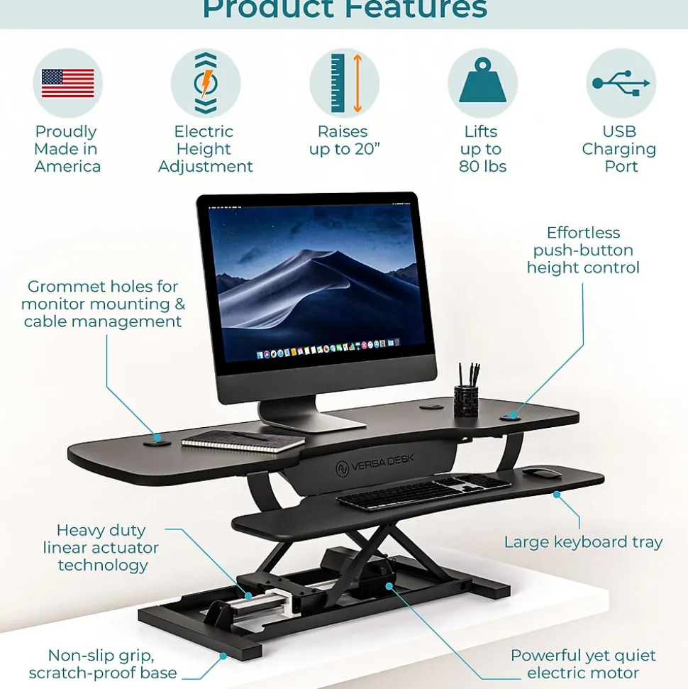 VersaDesk PowerPro 48"W Electric Adjustable Standing Desk Converter, Black (SP7644824-00-01)