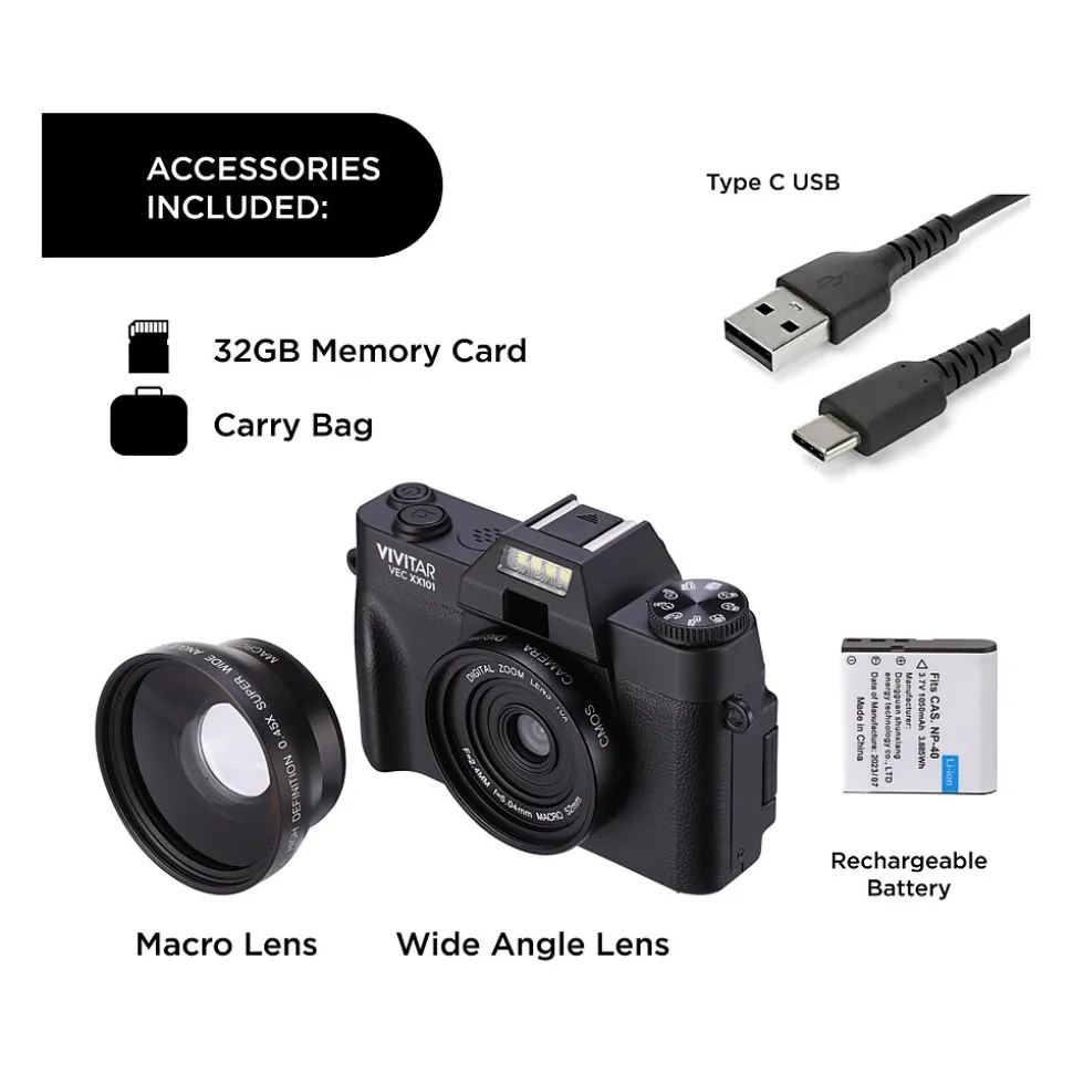 Vivitar VEC XX101 20MP 4K Digital Camera, 0.45X Optical Zoom, Black (VECXX101-BLK-STK-4)
