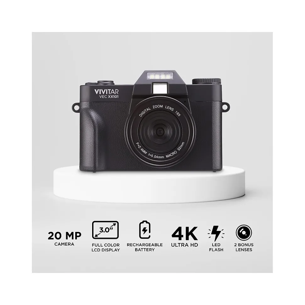 Vivitar VEC XX101 20MP 4K Digital Camera, 0.45X Optical Zoom, Black (VECXX101-BLK-STK-4)