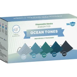 WeCare Disposable Face Masks, One Size, Assorted Ocean Tones, 50/Pack (WMN100133)