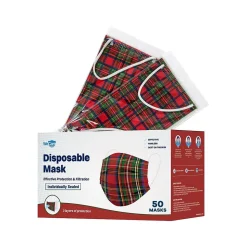 WeCare Individually Wrapped Disposable Face Mask, Adult, Red Plaid, 50/Box (WMN100050)