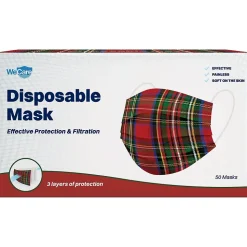 WeCare Individually Wrapped Disposable Face Mask, Adult, Red Plaid, 50/Box (WMN100050)