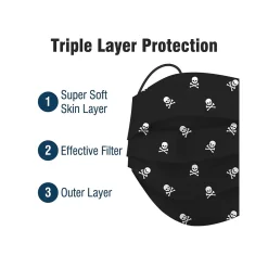 WeCare 3-ply Disposable Face Mask, Individually Wrapped, Kids, Black Skull Bones, 50/Box (WMN100097)