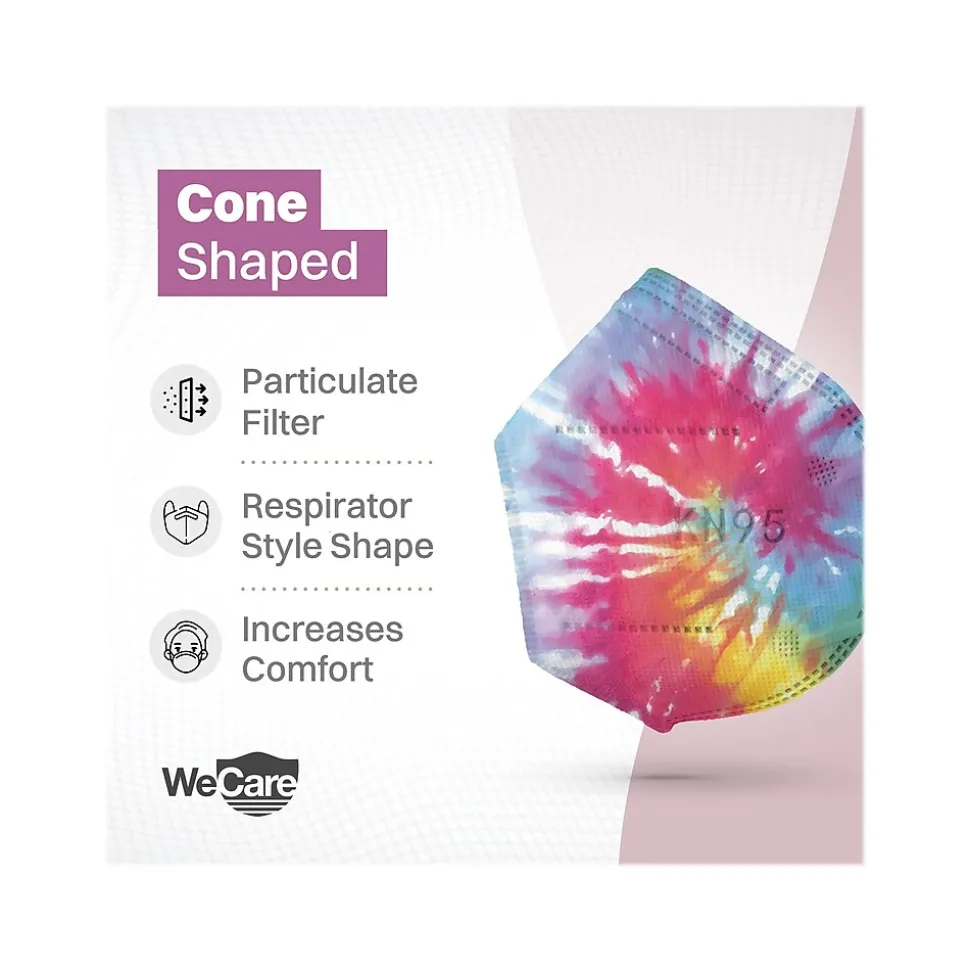WeCare Tie Dye Disposable KN95 Fabric Face Masks, One Size, Assorted Colors, 20/Pack (WMN100127)