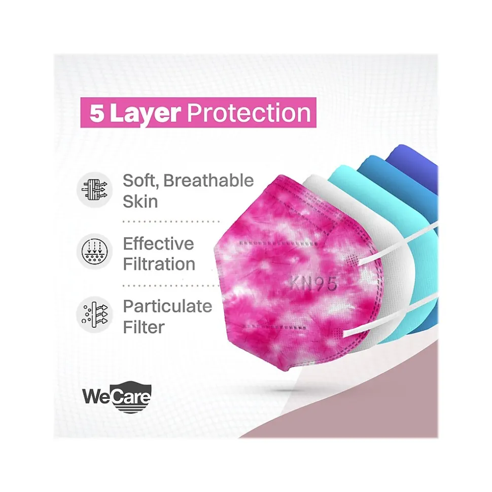 WeCare Tie Dye Disposable KN95 Fabric Face Masks, One Size, Assorted Colors, 20/Pack (WMN100127)