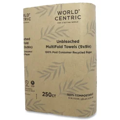 World Centric 100 Percent PCW Recycled Multifold Paper Towels, 1-Ply, Natural, 250/Pack, 16 Packs/Carton (WORTWPAMF)