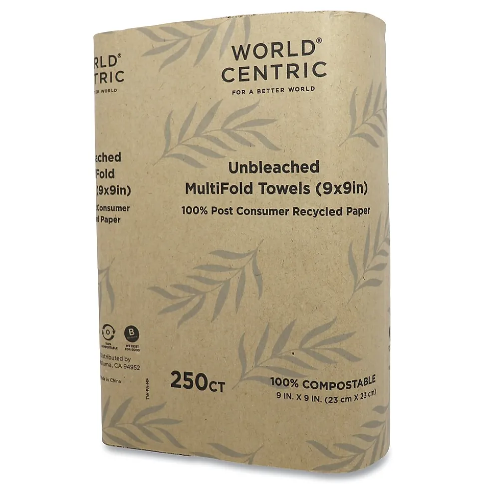 World Centric 100 Percent PCW Recycled Multifold Paper Towels, 1-Ply, Natural, 250/Pack, 16 Packs/Carton (WORTWPAMF)