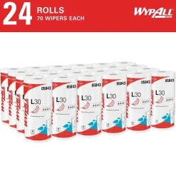 WypAll GeneralClean L30 Durable Fibers Cleaning Wipers, 11" x 10.4", White, 70 Sheets/Roll, 24/Carton (05843)