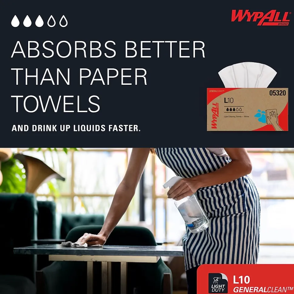 WypAll GeneralClean L10 Paper Cleaning Wipers, 10.5" x 9", White, 125 Wipers/Box (05320)