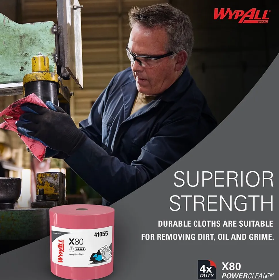 WypAll PowerClean X80 Cloth Cleaning Wipers, 16.8" x 12.5", Red, 475 Sheets/Roll (41055)
