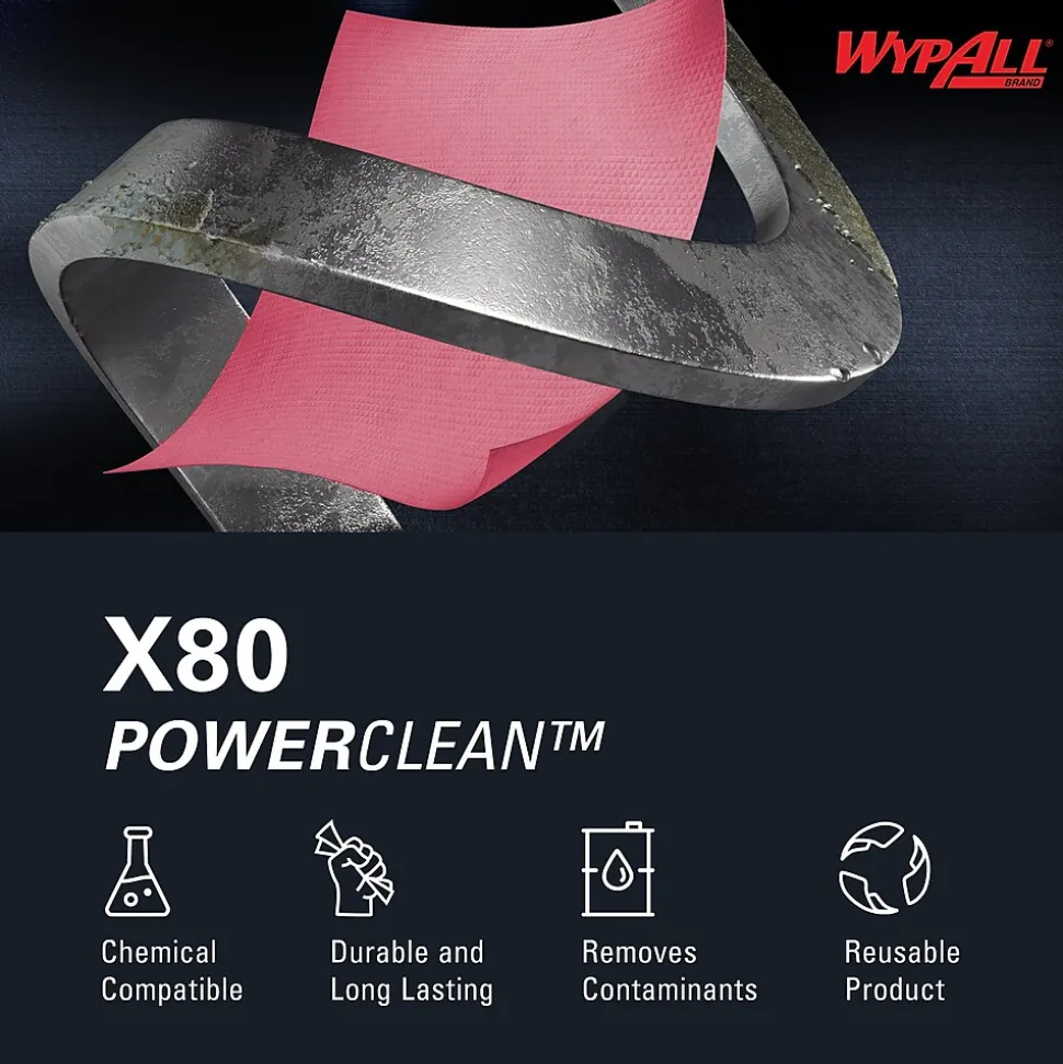WypAll PowerClean X80 Cloth Cleaning Wipers, 16.8" x 12.5", Red, 475 Sheets/Roll (41055)