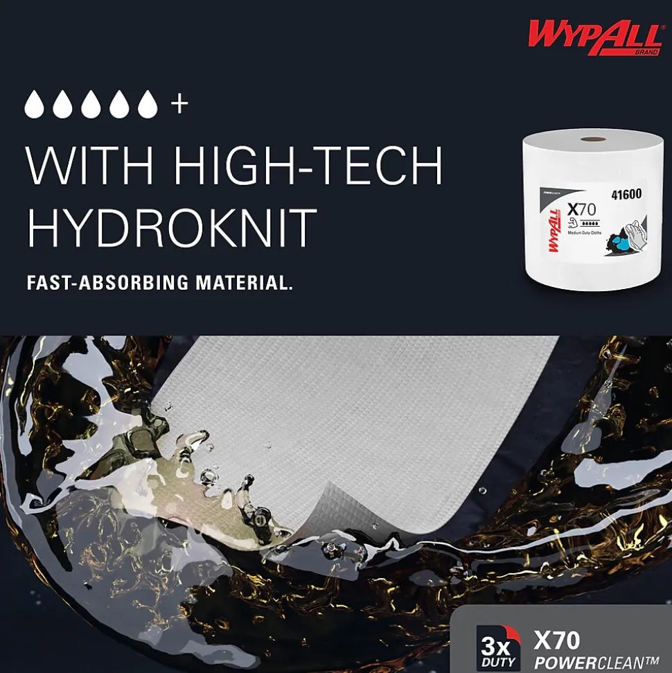 WypAll PowerClean X70 Fabric Cleaning Wipers, 13.3" x 13.4", White, 870 Sheets/Roll (41600)