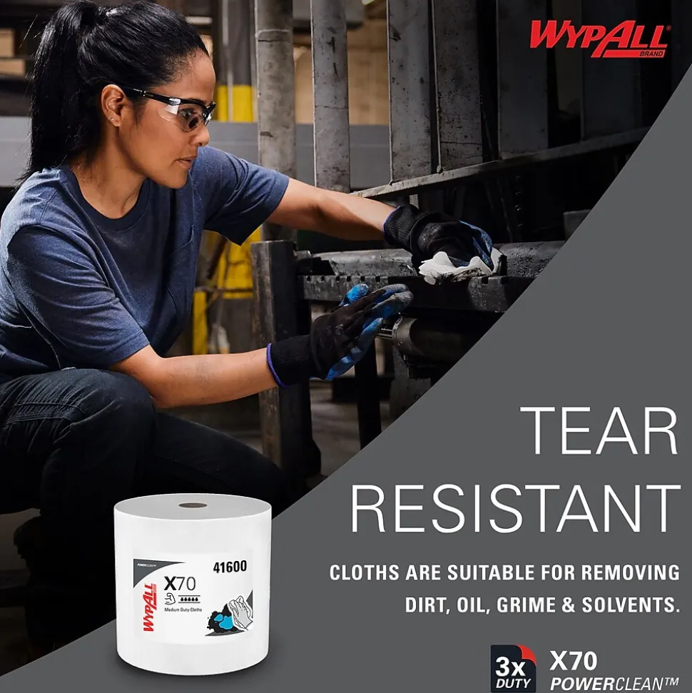 WypAll PowerClean X70 Fabric Cleaning Wipers, 13.3" x 13.4", White, 870 Sheets/Roll (41600)