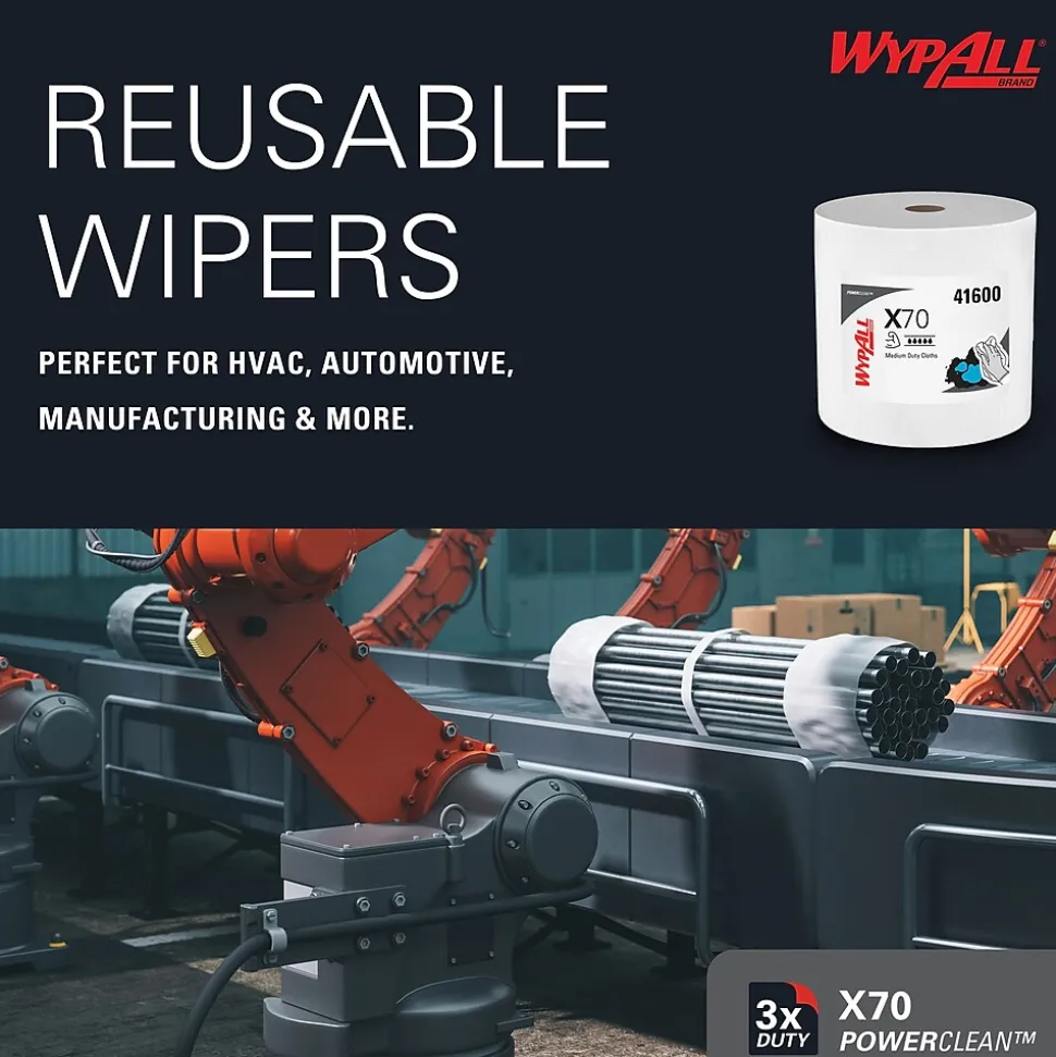 WypAll PowerClean X70 Fabric Cleaning Wipers, 13.3" x 13.4", White, 870 Sheets/Roll (41600)